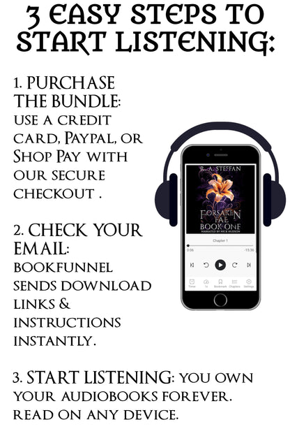Instructions for purchasing and listening to audiobooks and an image of a smartphone with headphones.