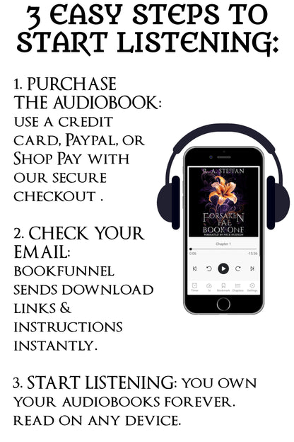 Instructions for purchasing and listening to audiobooks on a smartphone with headphones.