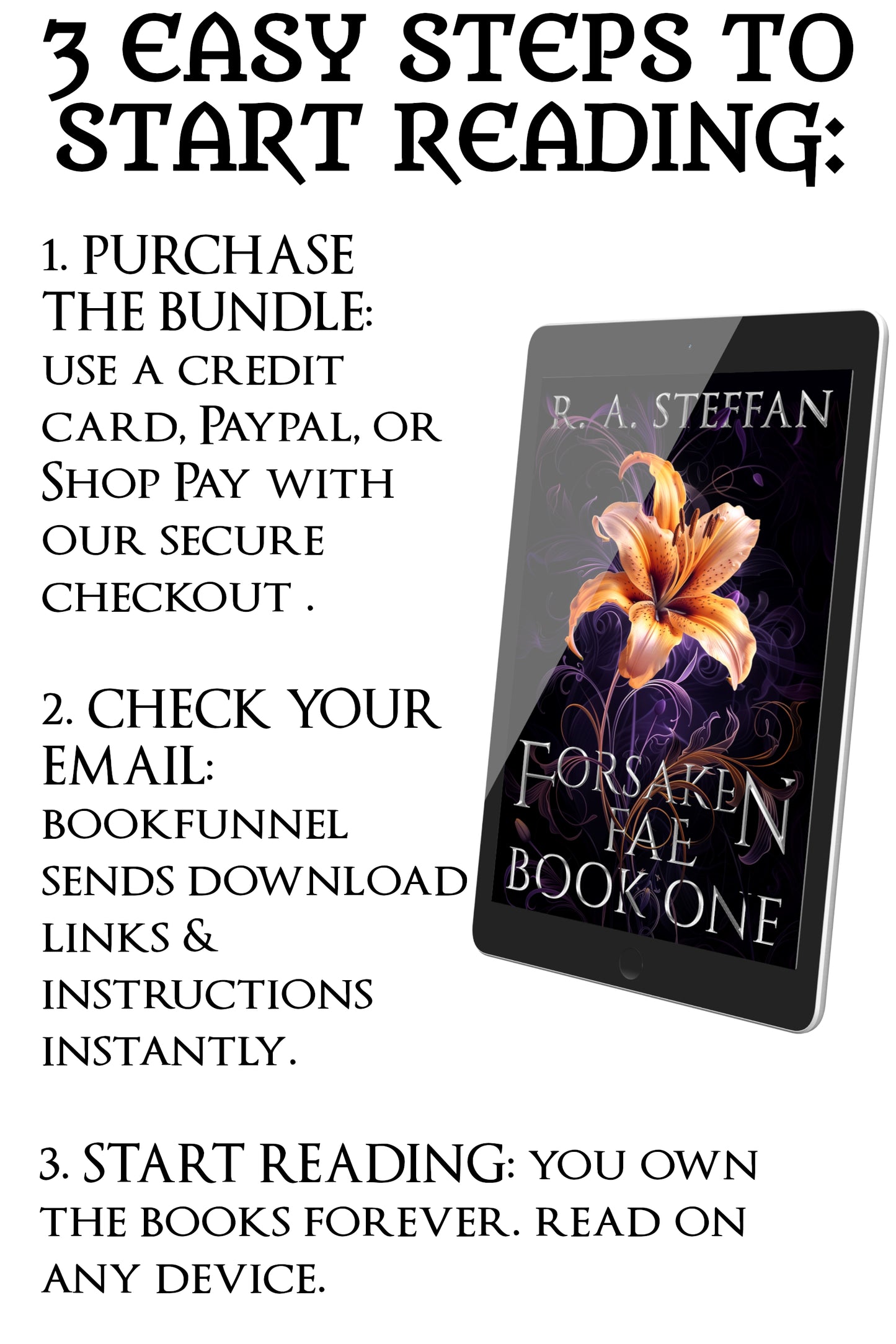 Promotional text for purchasing and downloading 'Forsaken Fae' book bundle with a digital book cover on a tablet.