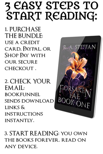 Promotional text for purchasing and downloading 'Forsaken Fae' book bundle with a digital book cover on a tablet.
