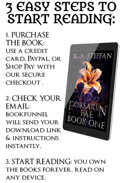 Promotional graphic for 'Forsaken Fae Book One' with a digital book display and text on a white background.