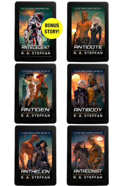 six ebook readers displaying the covers of the Love and War series