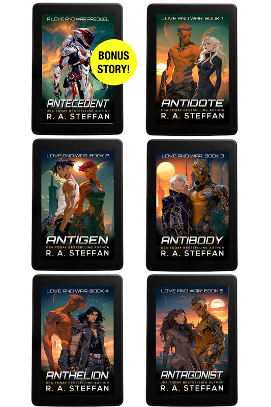 six ebook readers displaying the covers of the Love and War series