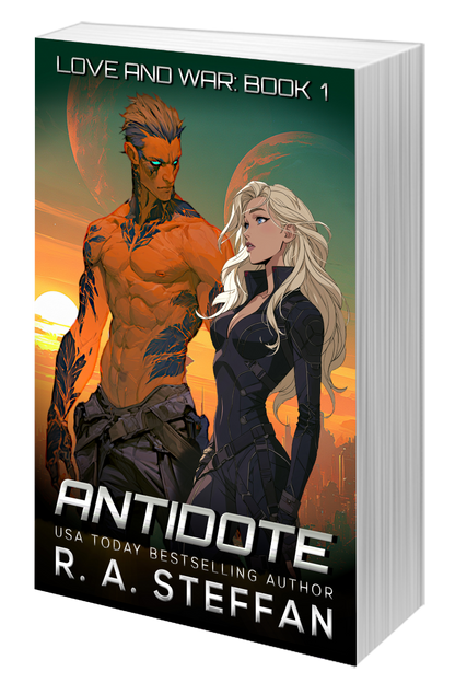 A paperback book with an illustrated cover of a male alien and female human, titled Antidote