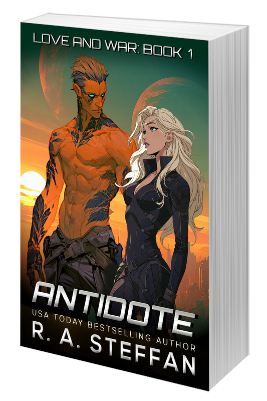 A paperback book with an illustrated cover of a male alien and female human, titled Antidote