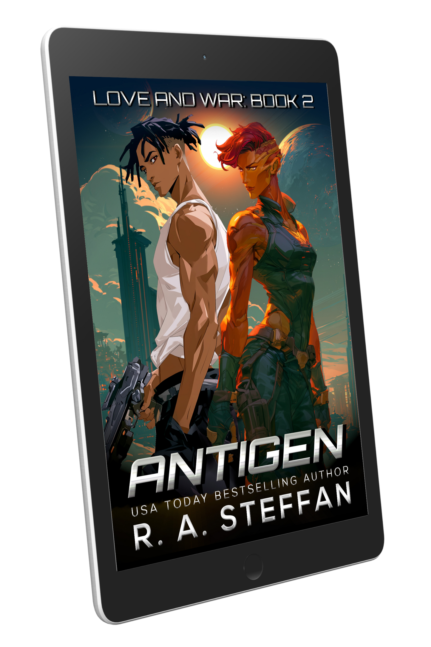 Ebook cover of 'Antigen' by R.A. Steffen on a tablet