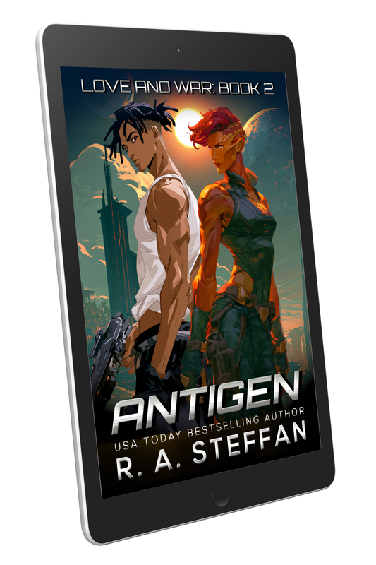 Ebook cover of 'Antigen' by R.A. Steffen on a tablet