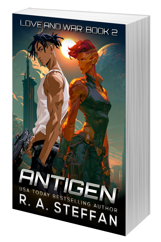 A paperback book with an illustrated cover of a female alien and male human, titled Antigen