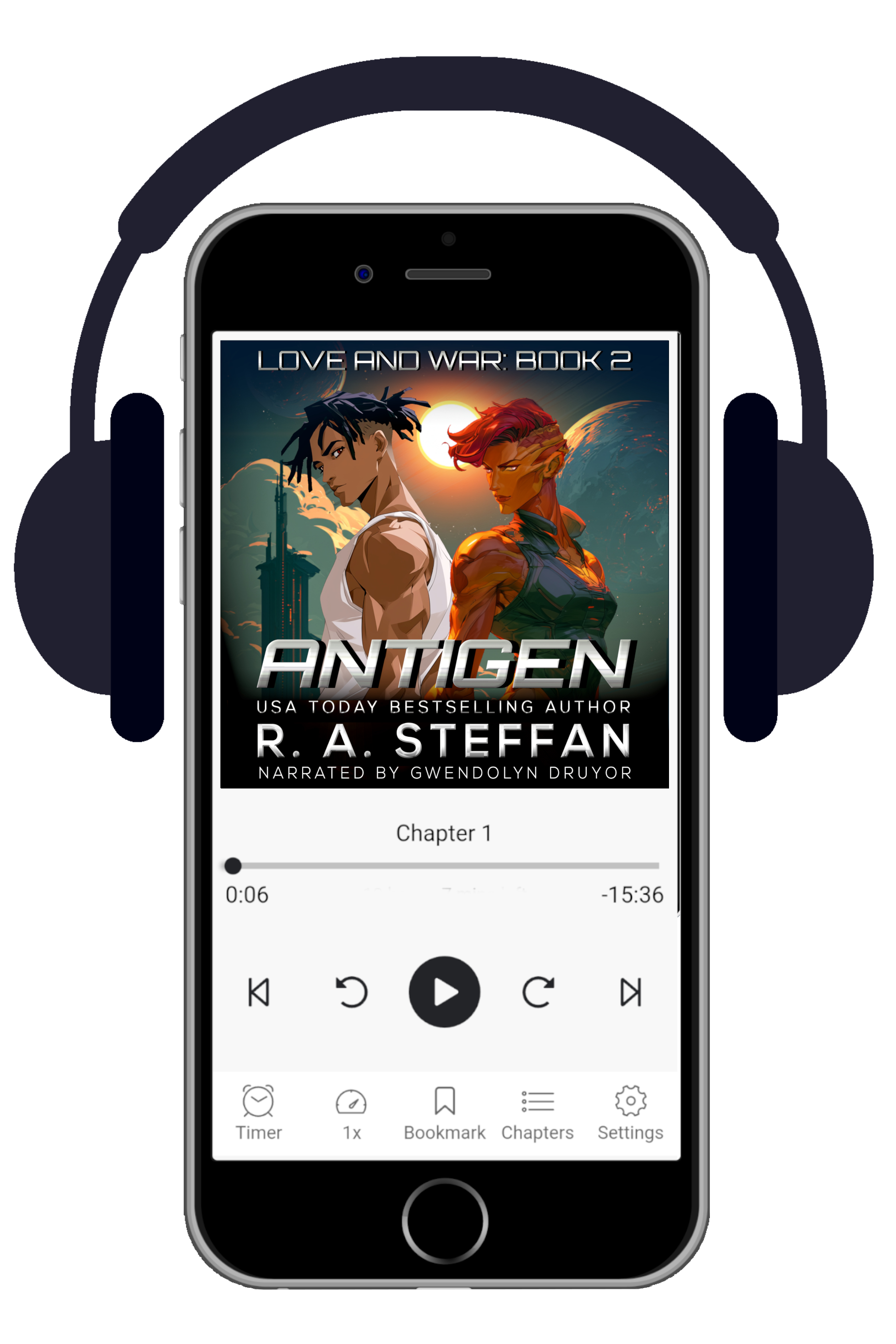 Phone displaying an audiobook interface with 'Antigen' by R.A. Steffen and headphones on a white background