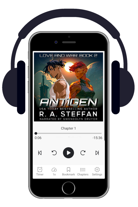 Phone displaying an audiobook interface with 'Antigen' by R.A. Steffen and headphones on a white background