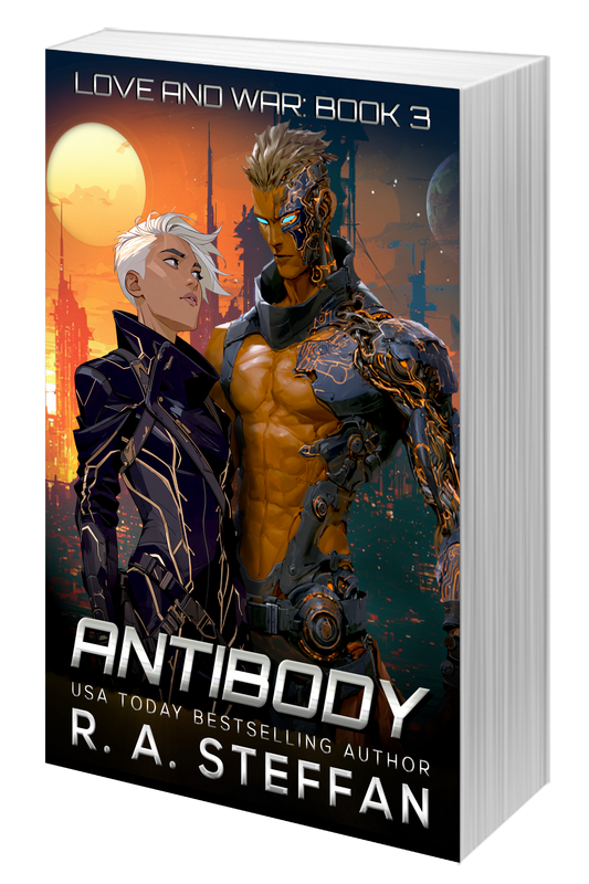 A paperback book with an illustrated cover of a male cyborg and female human, titled Antibody