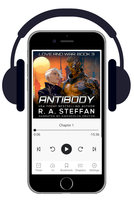 Phone displaying an audiobook interface with a cover of 'Antibody' by R.A. Steffen, surrounded by headphones.