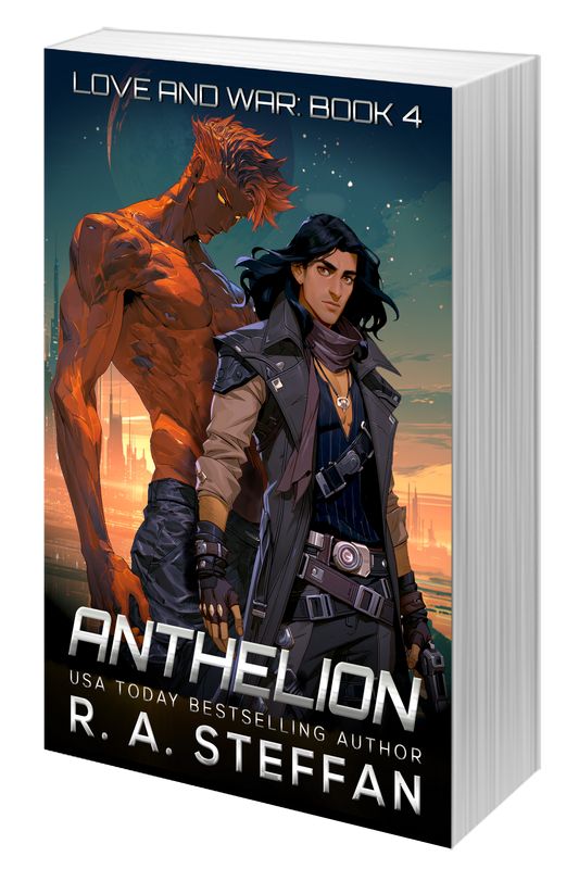 A paperback book with an illustrated cover of a male alien and male human, titled Anthelion