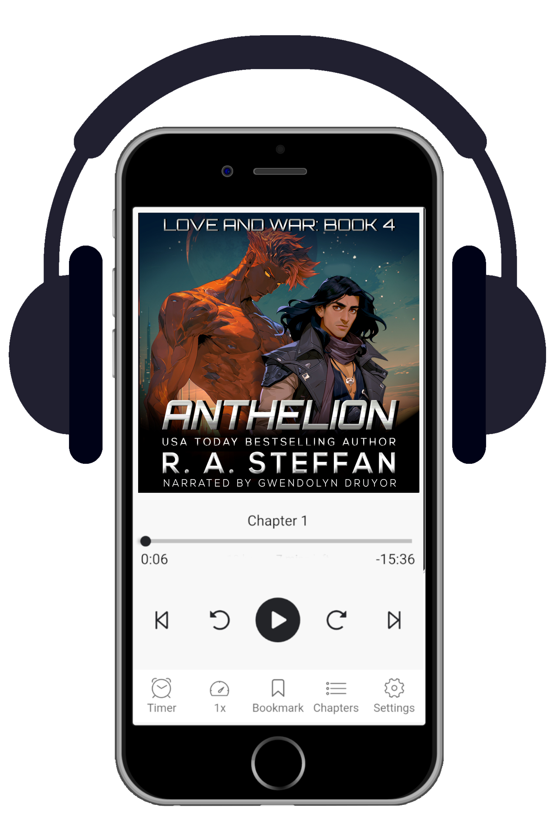 Phone displaying an audiobook interface with 'Anthelion' by R.A. Steffen and headphones on a white background