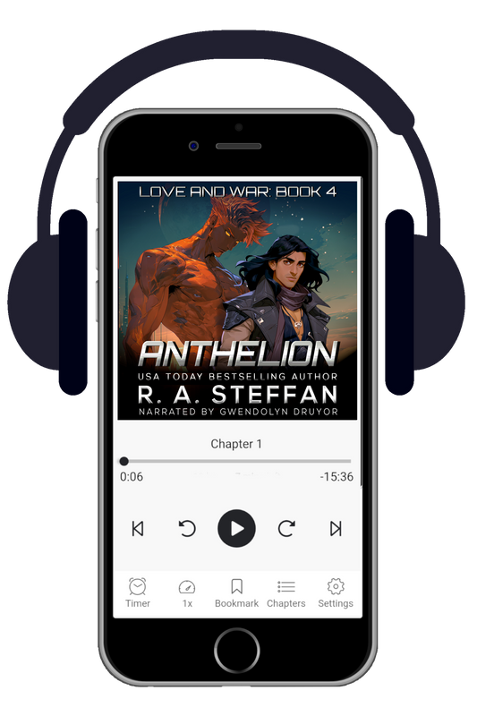 Phone displaying an audiobook interface with 'Anthelion' by R.A. Steffen and headphones on a white background