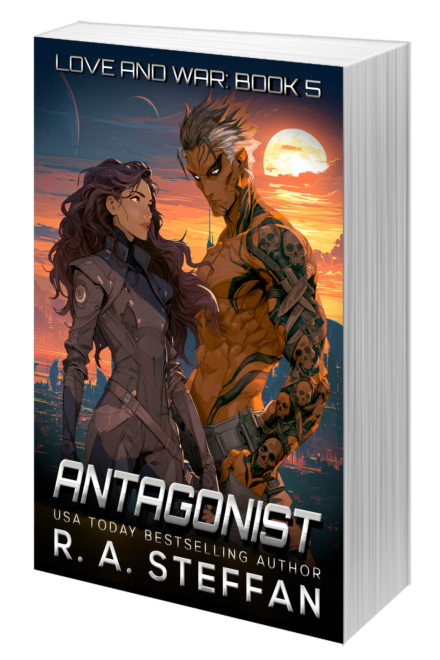 A paperback book with an illustrated cover of a male alien and female human, titled Antagonist