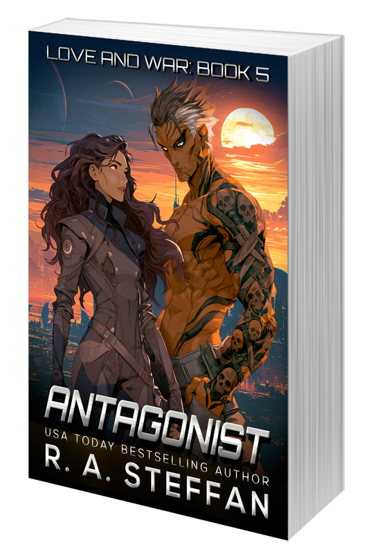 A paperback book with an illustrated cover of a male alien and female human, titled Antagonist