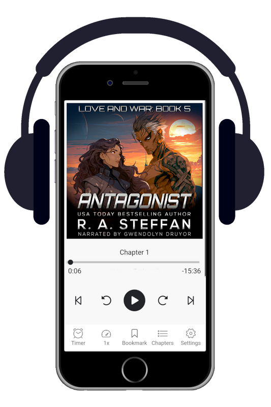 Phone displaying an audiobook interface with 'Antagonist' by R.A. Steffen and headphones on a white background