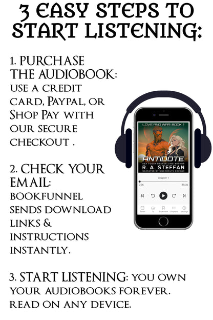 Instructions for purchasing and listening to audiobooks with an image of a smartphone with headphones.