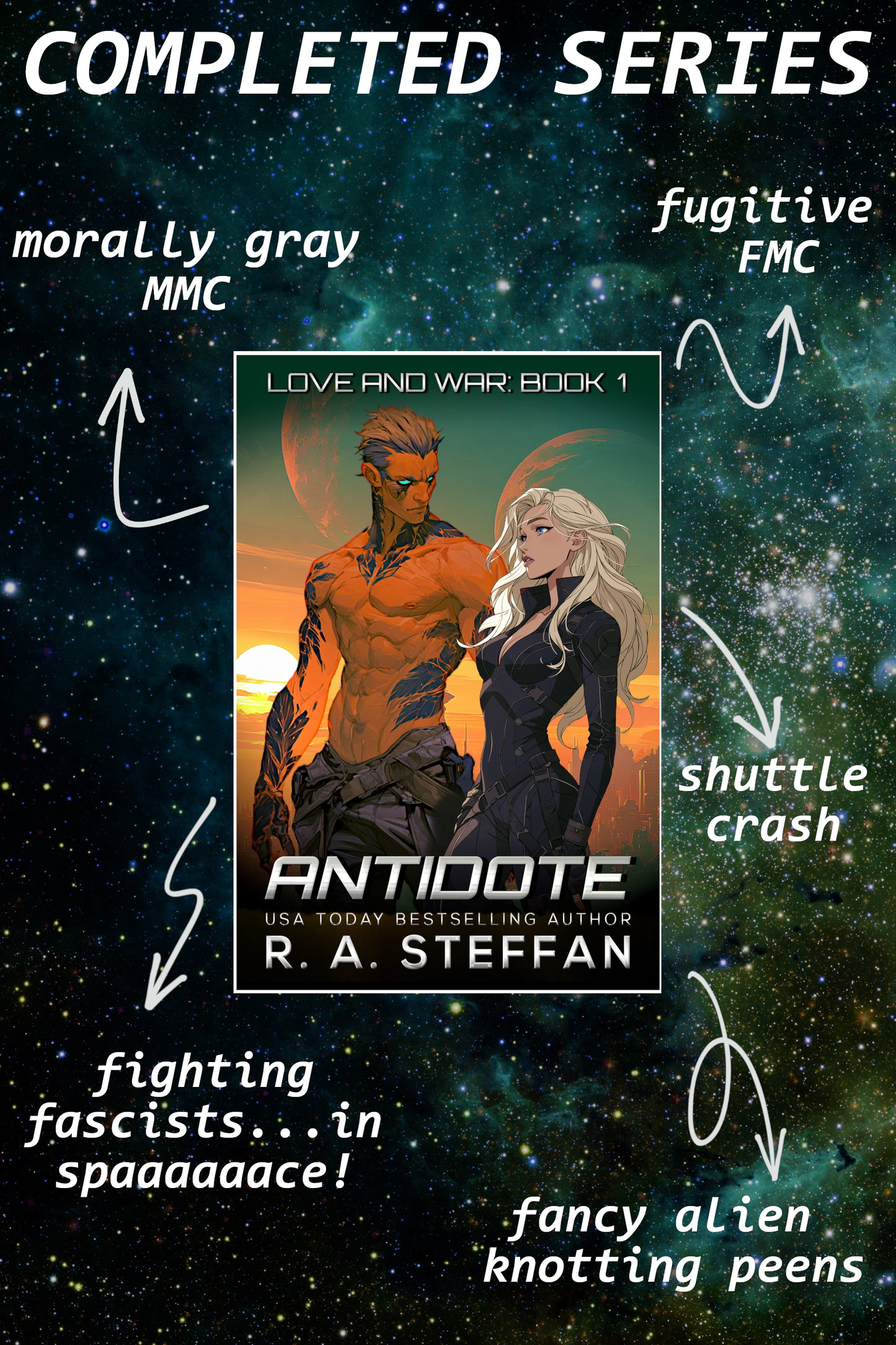 Book cover of 'Antidote' by R.A. Steffen with space-themed background and text.