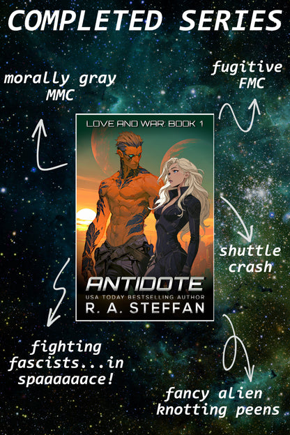Book cover of 'Antidote' by R.A. Steffen with space-themed background and text.