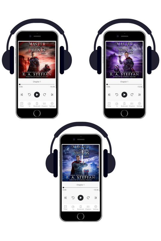 Three smartphones arranged in a triangle on a white background, each wearing over-ear headphones and displaying audiobook covers by R. A. Steffan