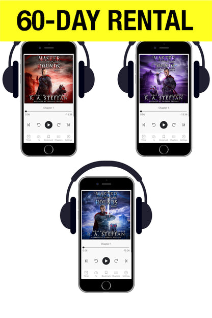 Promotional graphic for a 60-day audiobook rental offer, featuring three smartphones with over-ear headphones displaying audiobook covers by R. A. Steffan