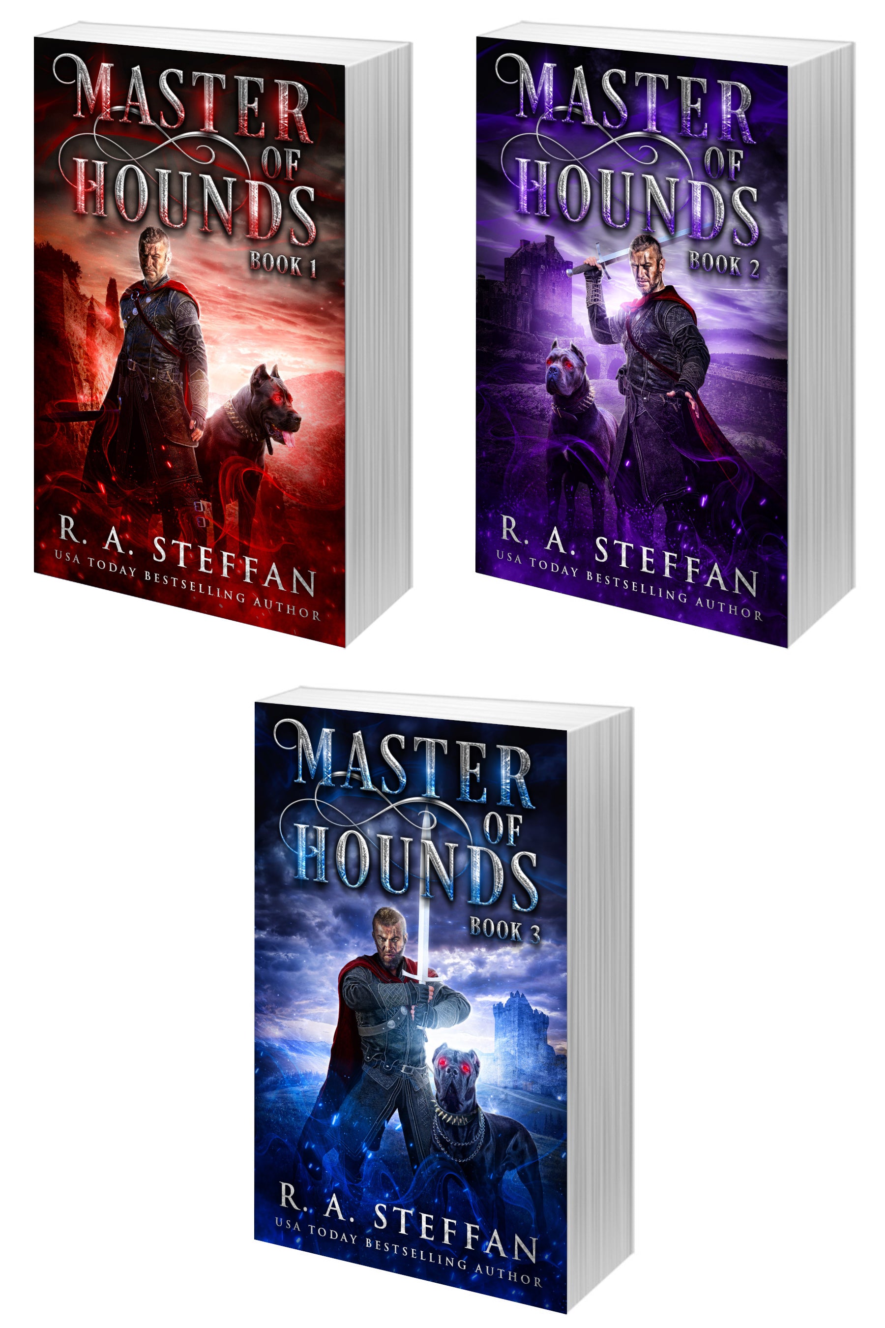 Paperback copies of the book 'Master of Hounds, Books 1- 3' by R. A. Steffan