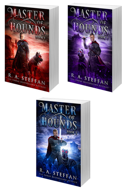 Paperback copies of the book 'Master of Hounds, Books 1- 3' by R. A. Steffan