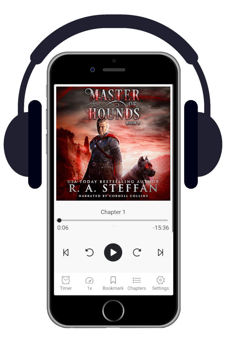 A smartphone centered on a white background, shown with over-ear headphones around it and the audiobook player interface visible on the screen. The displayed cover art reads 'Master of Hounds Book 1' by R. A. Steffan