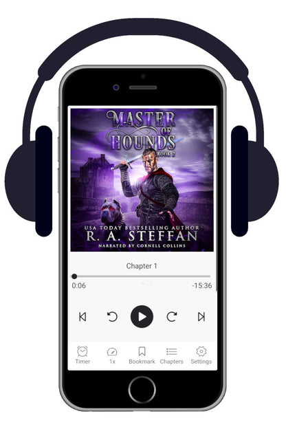 A smartphone centered on a white background, shown with over-ear headphones around it. The phone screen displays a audiobook player with the cover art for 'Master of Hounds Book 2' by R. A. Steffan