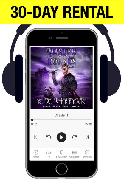A smartphone centered on a white background with black headphones around it, displaying an audiobook cover for 'Master of Hounds Book 2' by R. A. Steffan