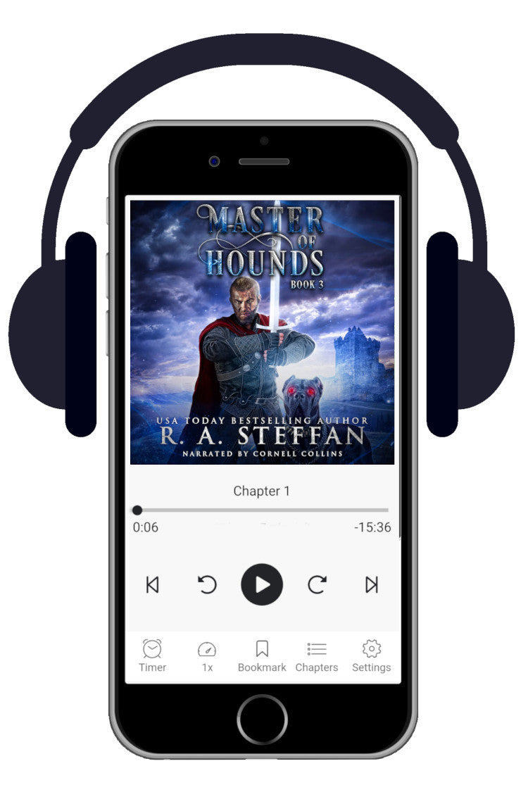 A smartphone centered on a white background with black over-ear headphones around it. The phone screen shows an audiobook cover for "Master of Hounds Book 3" by R. A. Steffan