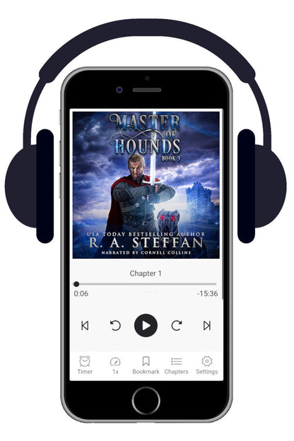 A smartphone centered on a white background with black over-ear headphones around it. The phone screen shows an audiobook cover for "Master of Hounds Book 3" by R. A. Steffan