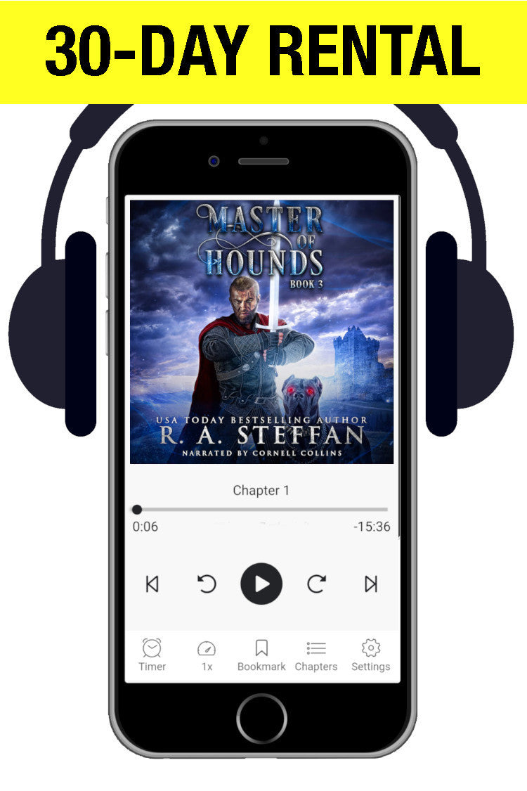 A promotional graphic for a 30-day rental of an audiobook or e-book, showing a smartphone with headphones around it and the cover art for 'Master of Hounds Book 3' by R. A. Steffan