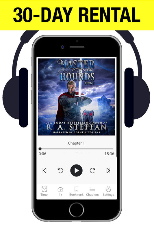 A promotional graphic for a 30-day rental of an audiobook or e-book, showing a smartphone with headphones around it and the cover art for 'Master of Hounds Book 3' by R. A. Steffan
