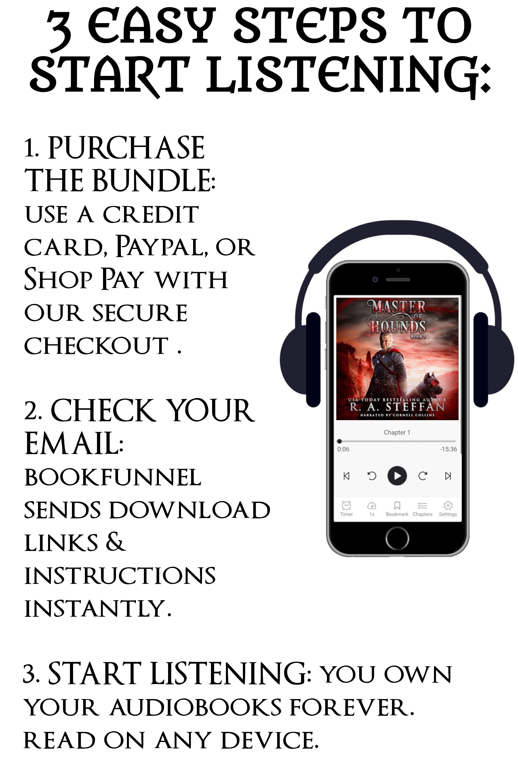 Instructions for purchasing and listening to audiobooks on a smartphone with headphones.
