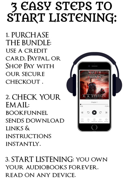 Instructions for purchasing and listening to audiobooks on a smartphone with headphones.