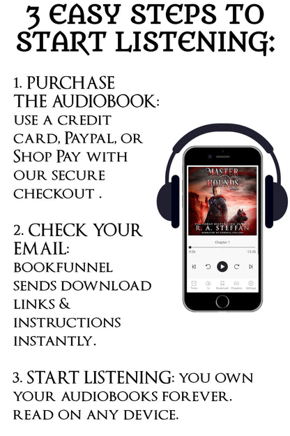 Instructions for purchasing and listening to audiobooks on a smartphone with headphones.