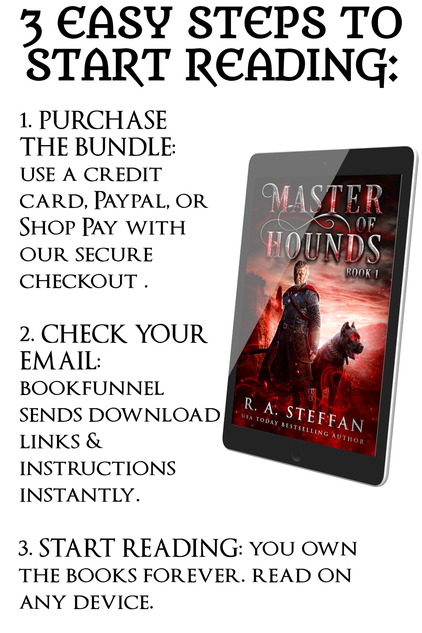 Promotional graphic for 'Master of Hounds' by R.A. Steffen with text on how to start reading.
