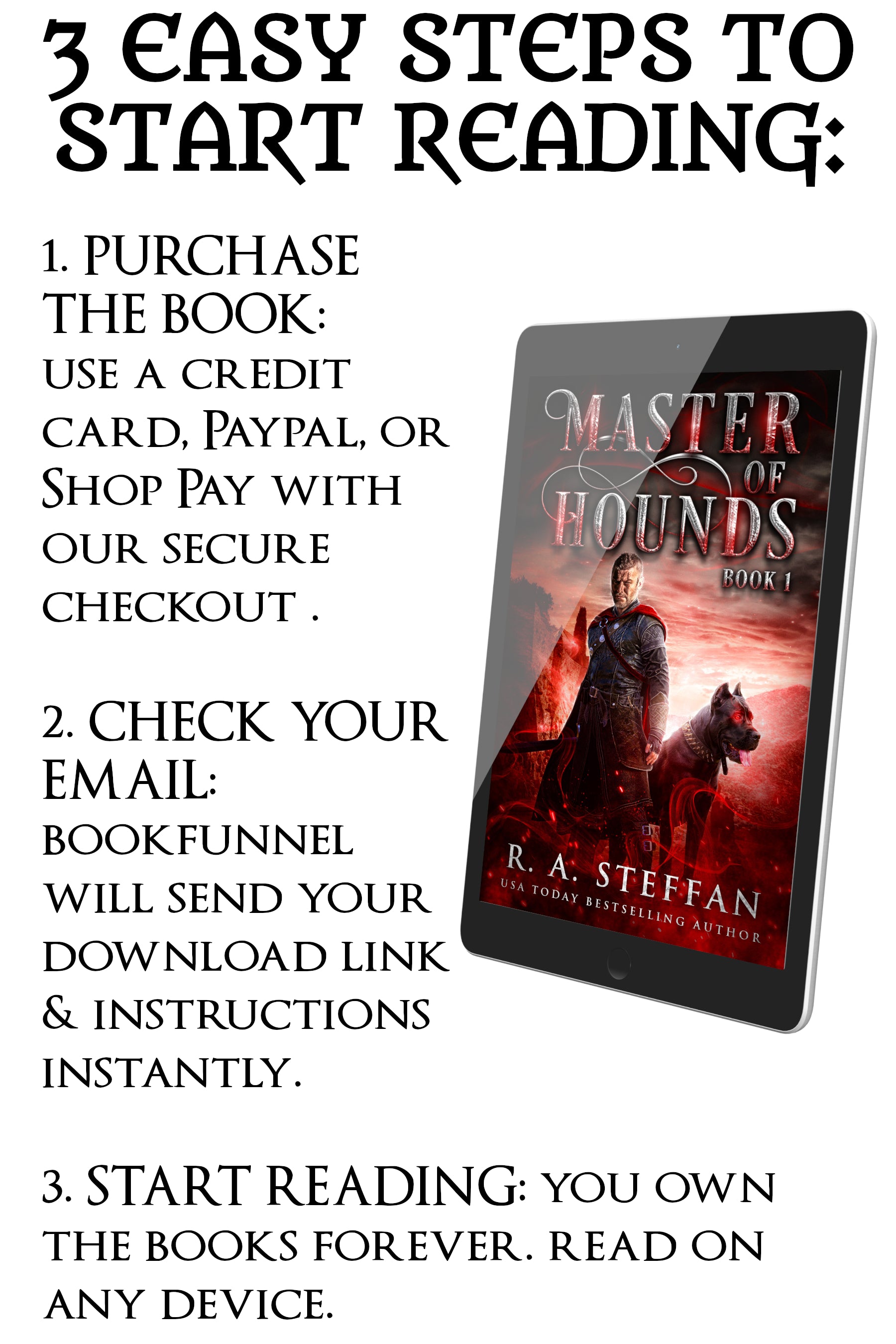 Ebook cover of 'Master of Hounds' with promotional text for purchasing and reading the book.