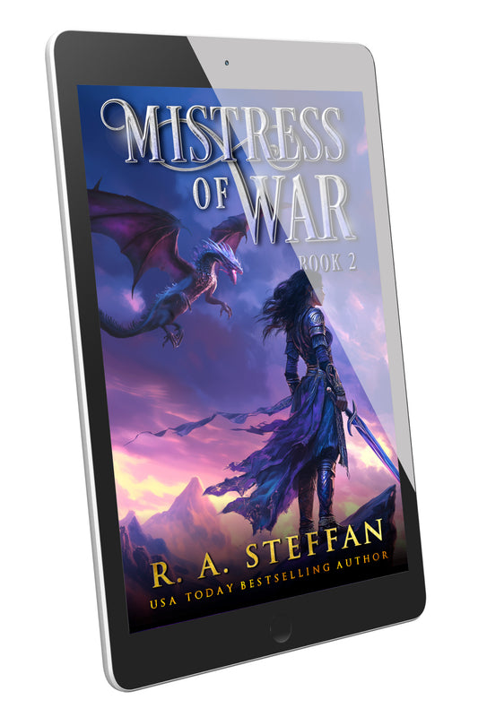 An e-book reader displaying the cover of Mistress of War: Book 2, with a female warrior and a dragon in flight
