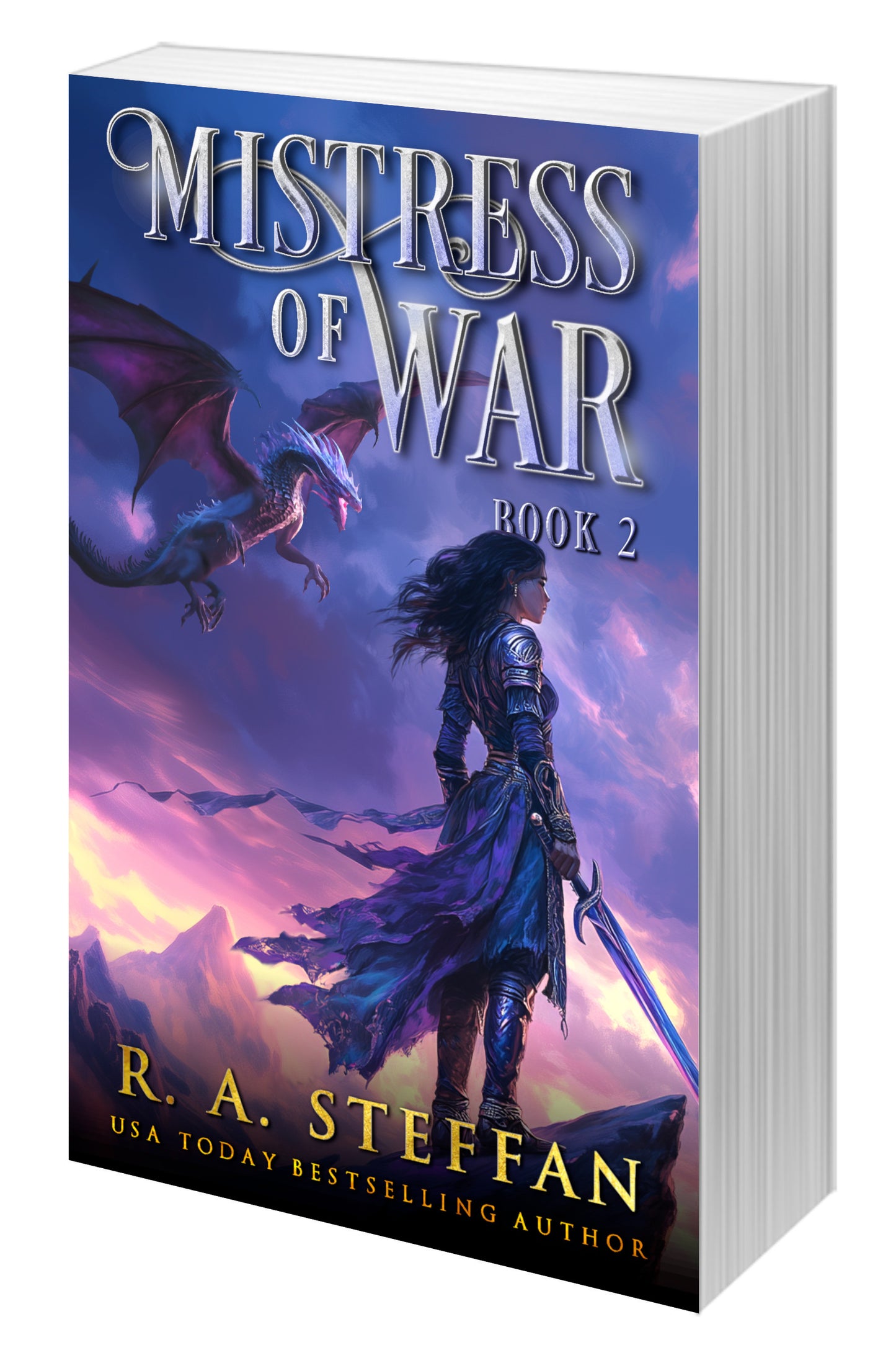 A paperback copy of Mistress of War: Book 2, with a female warrior and a dragon on the cover