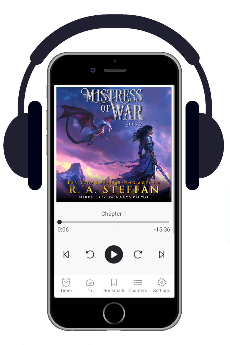 An audiobook player displaying the cover of Mistress of War 2, with a warrior woman and a dragon.