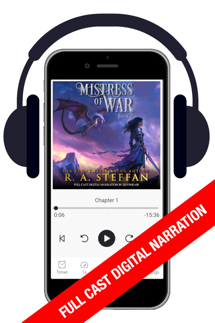 An audiobook player displaying the cover of Mistress of War: Book 2, with a female warrior and a dragon in flight
