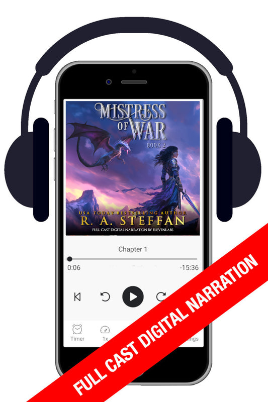 An audiobook player displaying the cover of Mistress of War: Book 2, with a female warrior and a dragon in flight