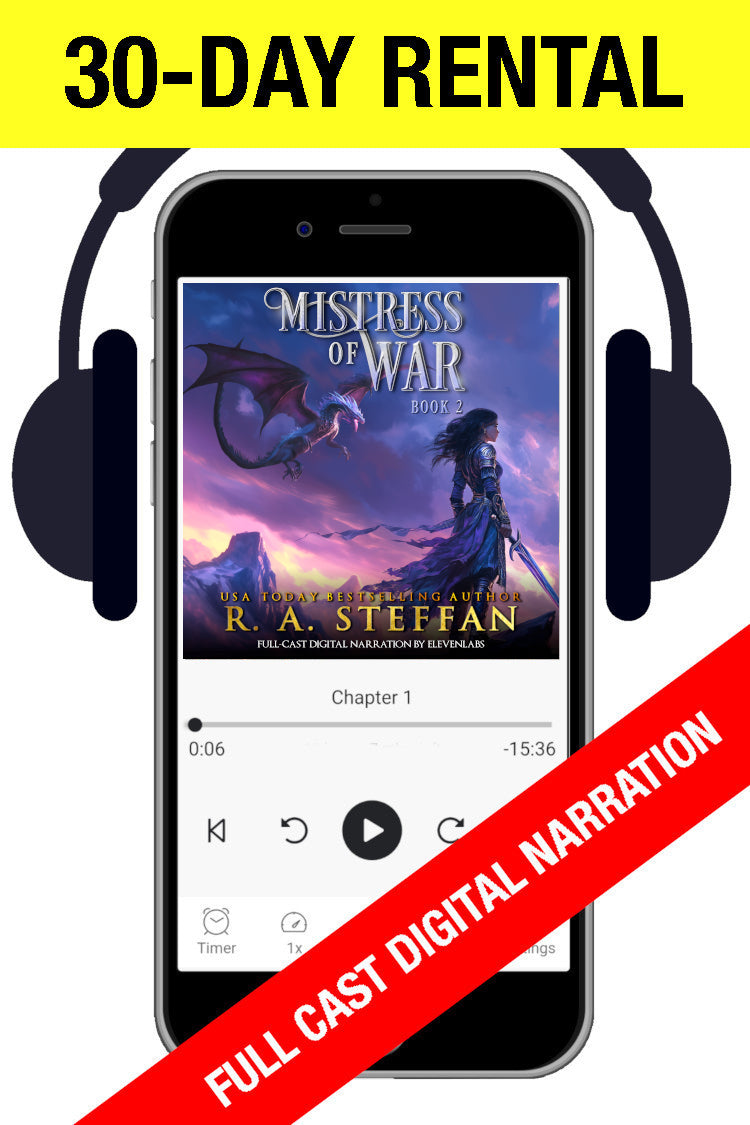 Audiobook player displaying the cover of Mistress of War: Book 2, with a female warrior an d a dragon. Yellow 30-day rental banner across the top