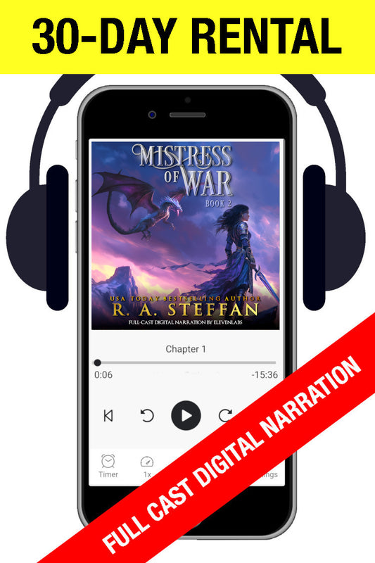 Audiobook player displaying the cover of Mistress of War: Book 2, with a female warrior an d a dragon. Yellow 30-day rental banner across the top