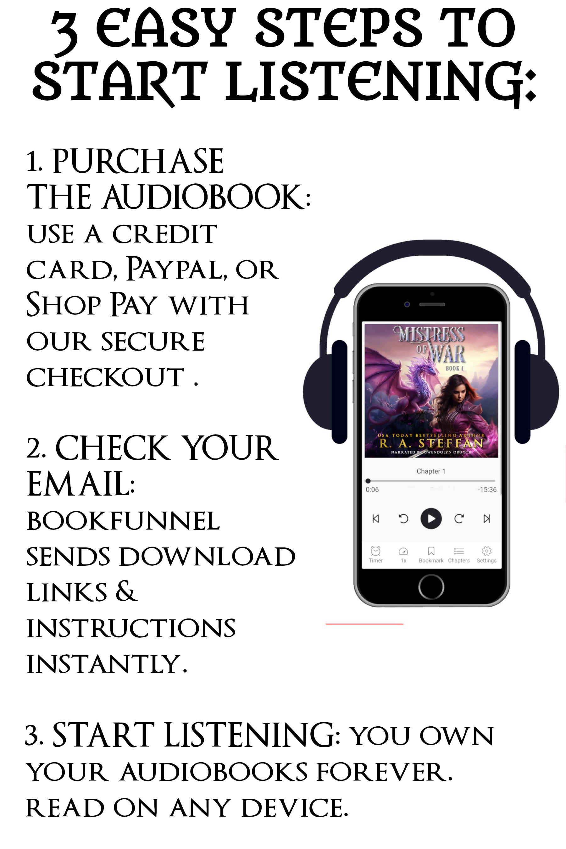 Instructions for purchasing and listening to audiobooks on a smartphone with headphones.