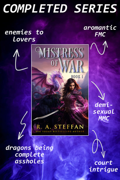 Book cover of 'Mistress of War' with promotional text on a purple background